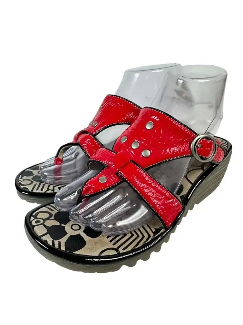 Fly London Womens Euro 37 Red Patent Platform Comfort Wedge Sandals Size 6